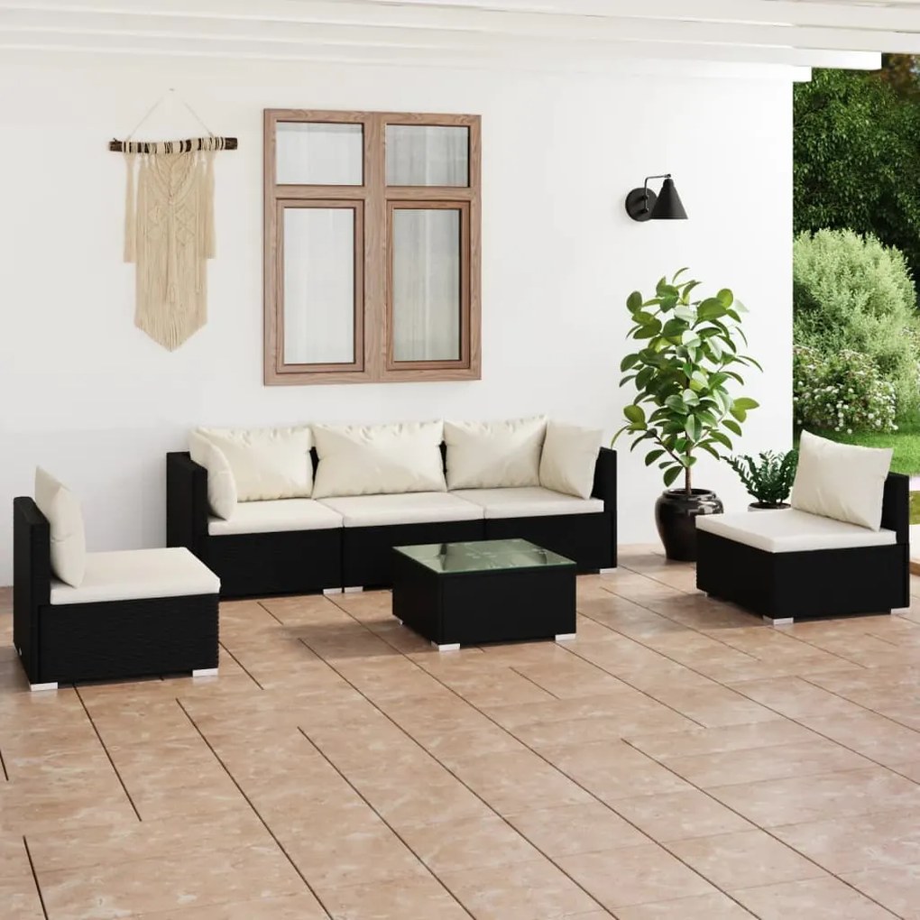 vidaXL 6 pcs conjunto lounge de jardim c/ almofadões vime PE preto