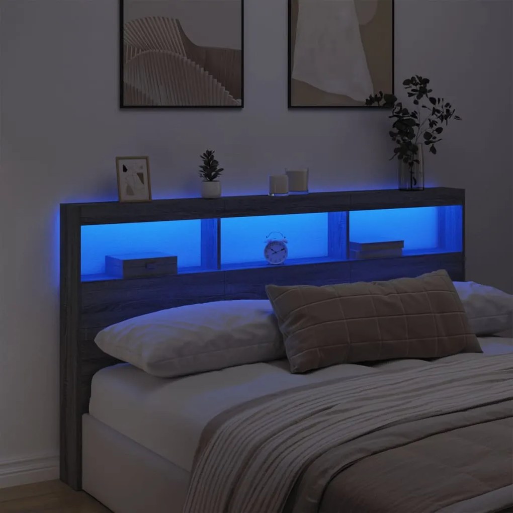 Armário de cabeceira c/ luzes LED 180x17x102 cm cinzento sonoma