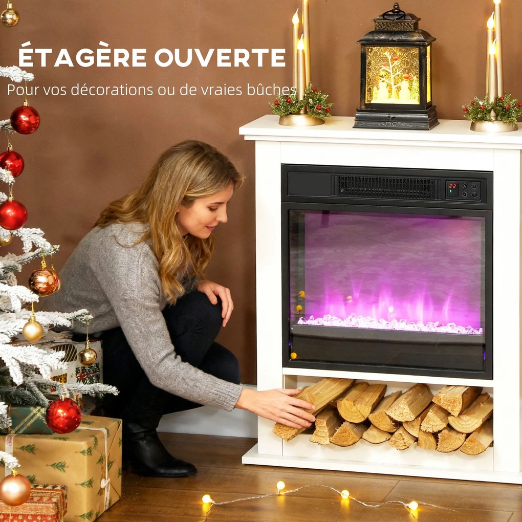 Lareira Elétrica Decorativa, 62,5 x 20 x 72,5 cm, Efeito de Chama com 9 Cores, Branca
