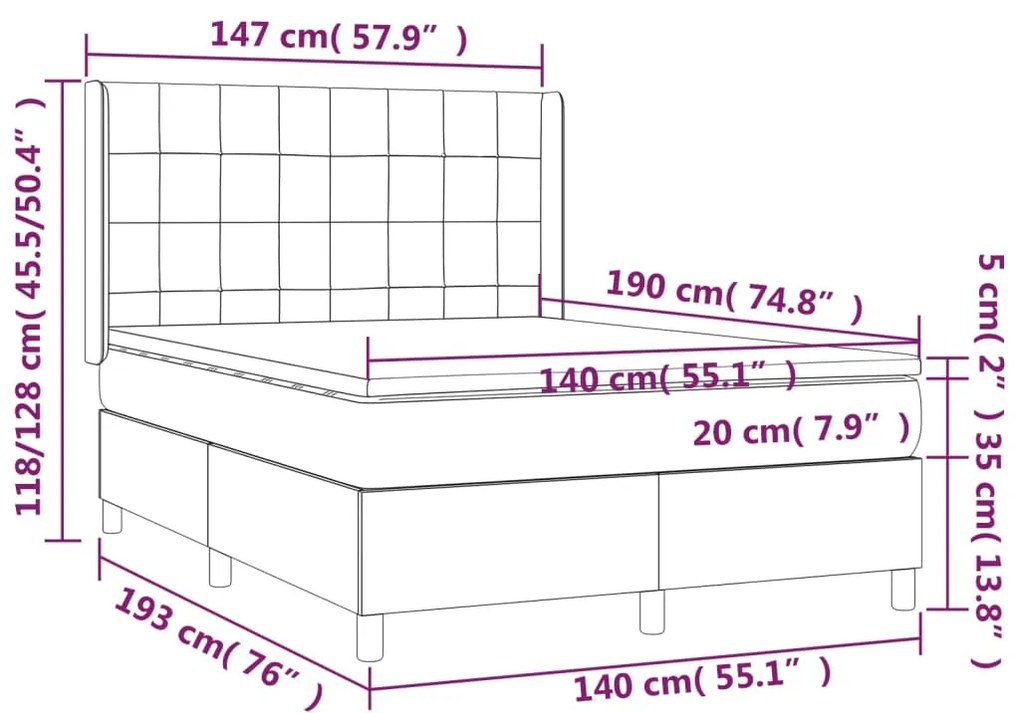 Cama box spring c/ colchão/LED 140x190cm tecido castanho-escuro