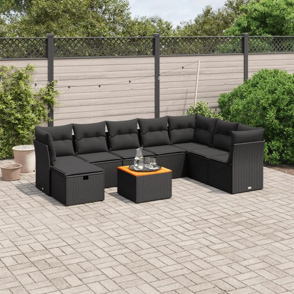 9 pcs conjunto de sofás p/ jardim c/ almofadões vime PE preto