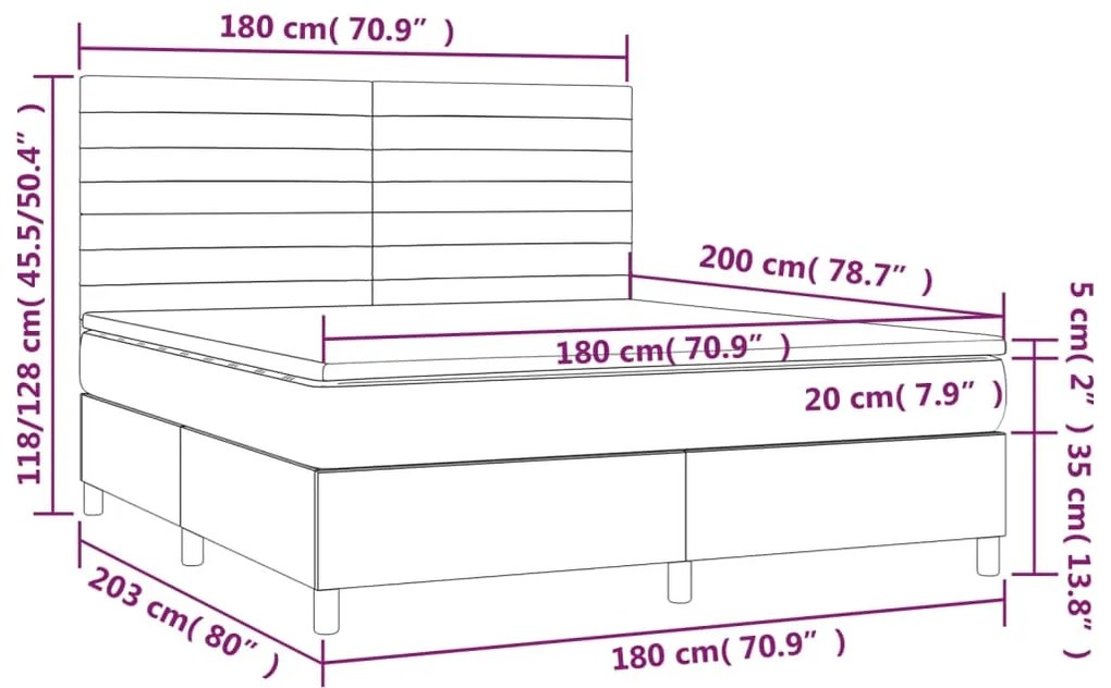 Cama box spring c/ colchão/LED 180x200cm veludo cinzento-escuro