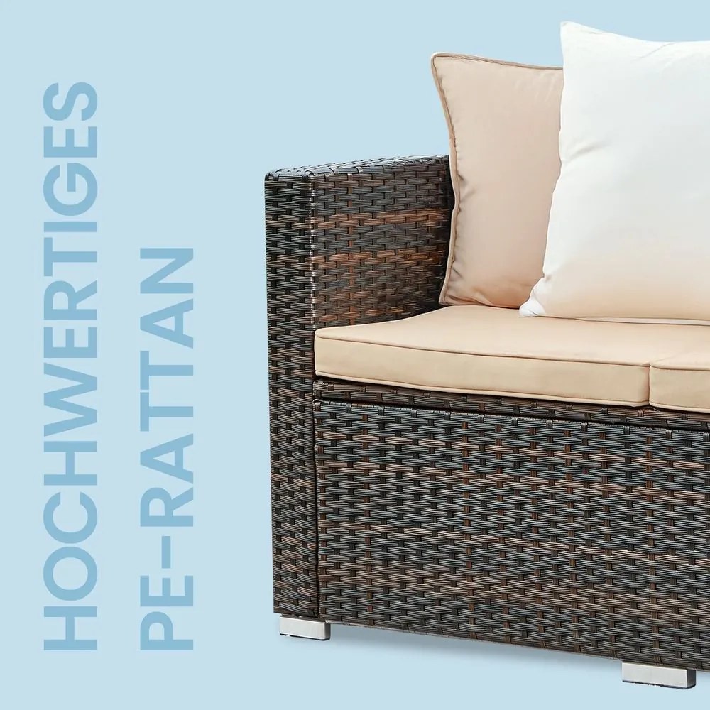 Conjunto de jardim, mobiliário de pátio em Polyrattan, mobiliário de varanda com almofadas e mesa de vidro Castanho-taupe