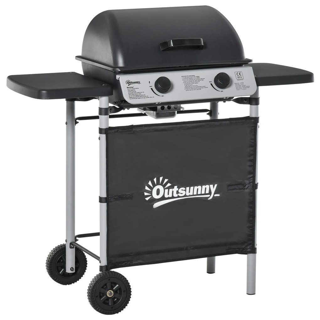 Outsunny Barbecue a Gás com 2 Queimadores 2,8 KW 2 Rodas 2 Mesas Laterais e Grelhas de Aço para Piquenique Campismo 104x49x99cm Preto | Aosom Portugal