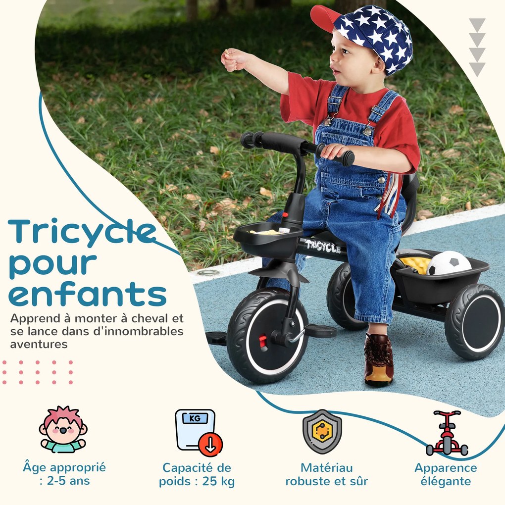 Triciclo evolutivo para crianças com assento ajustável, pedais, 2 cestos e cinto de segurança, para crianças dos 2 aos 5 anos, preto
