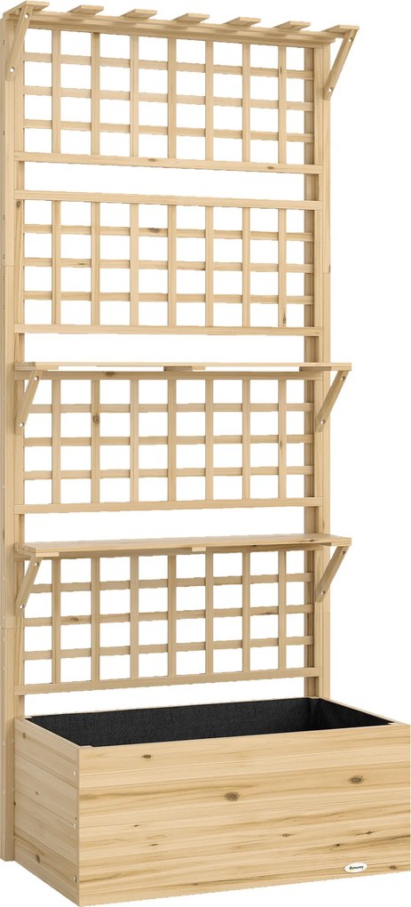 Outsunny Jardineira com Treliça e Teto em Madeira para Plantas Trepadeiras com 2 Prateleiras Drenagem e Forro 76x43,5x177 cm Natural | Aosom Portugal
