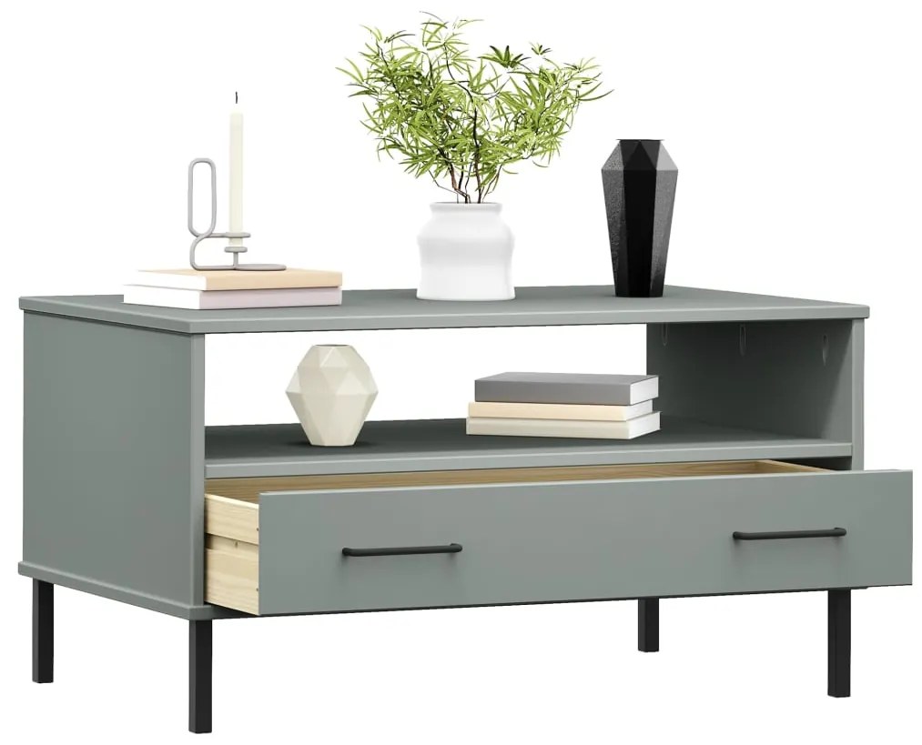 Mesa centro pernas de metal 85x50x45 madeira maciça OSLO cinza