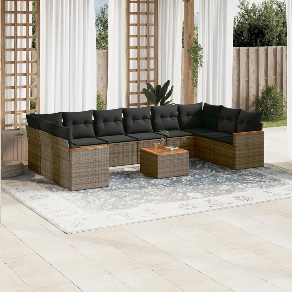11 pcs conjunto sofás de jardim c/ almofadões vime PE cinzento