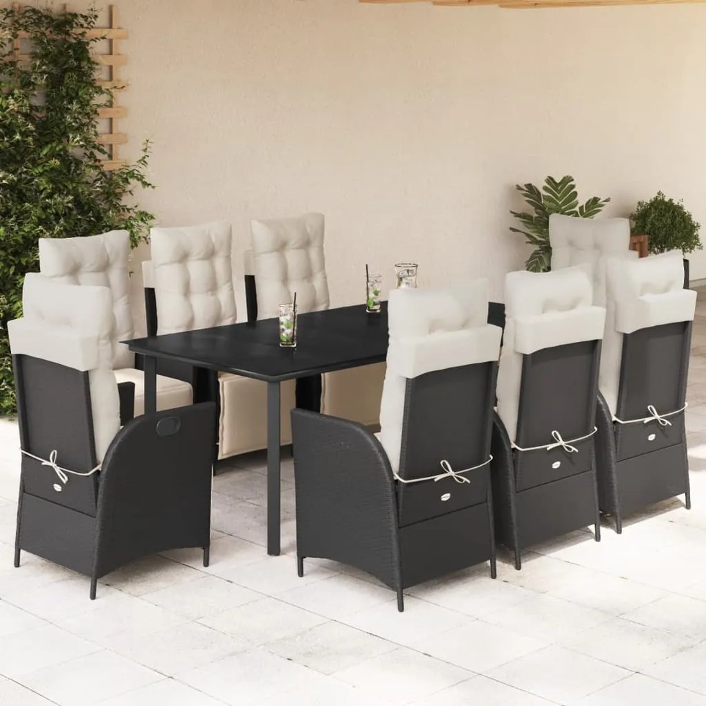 9 pcs conjunto de jantar p/ jardim c/ almofadões vime PE preto