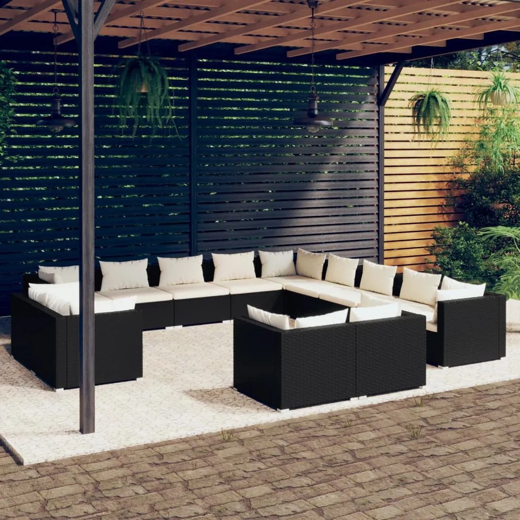 13 pcs conjunto lounge de jardim c/ almofadões vime PE preto