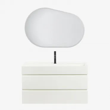 Conjunto De Móvel De Casa De Banho Suspenso Em Madeira E Folha De Freixo Com Lavatório Integrado Ona Branco & Oval Led E Anti-embaciamento 100x80 Cm R