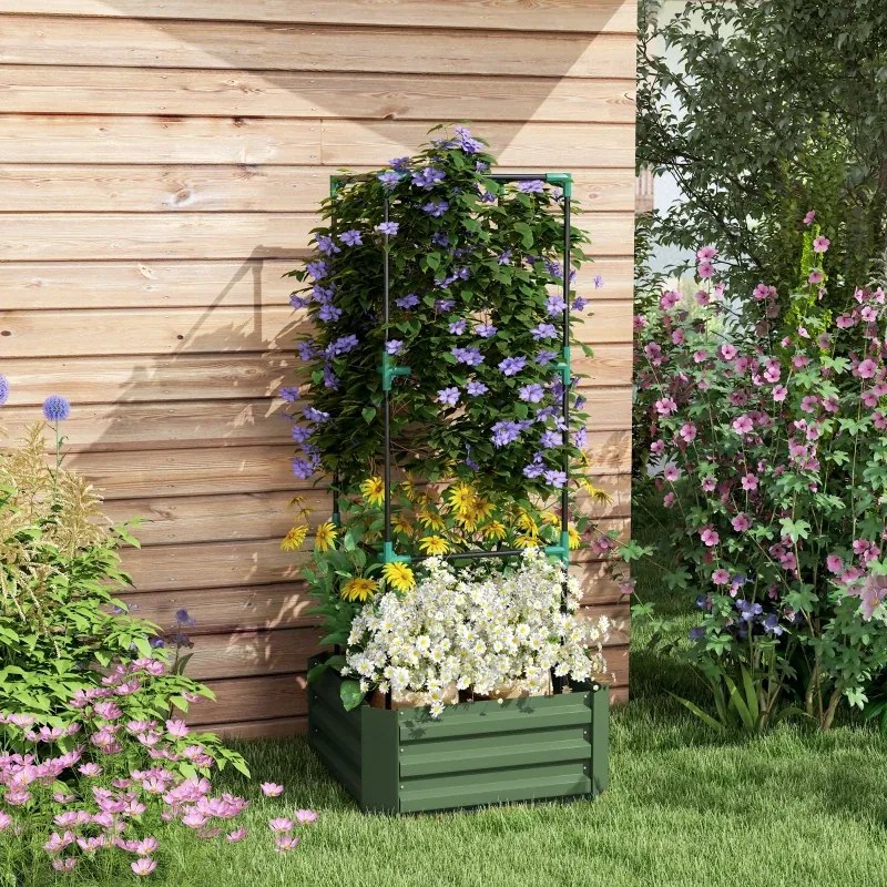 Floreira Grande com Treliça 61x61x140 cm e Base Aberta para Plantas Trepadoras Verde