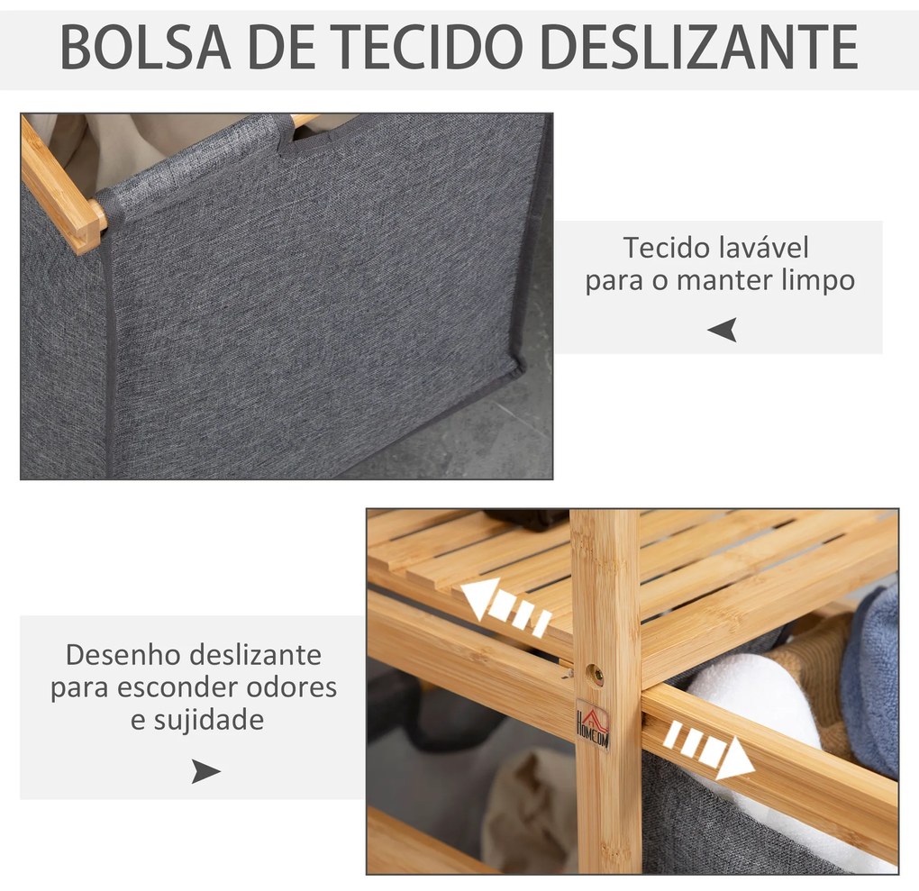 Cesto de Roupa Suja de Bambu Cesto de Roupa com 2 Bolsas de Tecido Amovíveis Prateleira Aberta 2 Alças Laterais 4 Rodas 42x35x84,5cm Cinza e Madeira