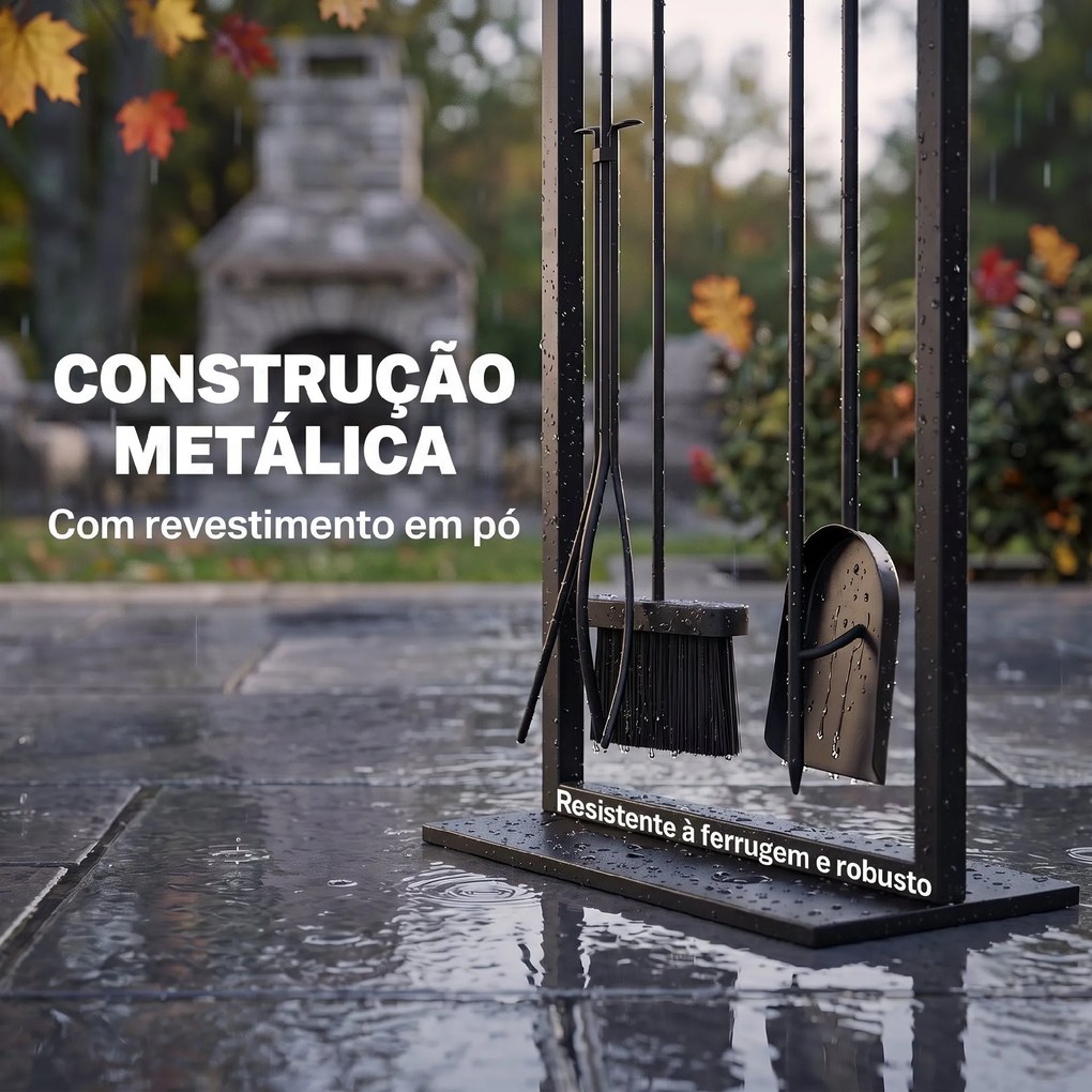Conjunto de Utensílios para Lareira de 5 Peças em Metal com Escova Pá Atiçador Pinça e Suporte Preto