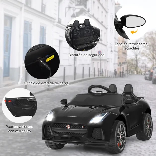 Carro a bateria 12V jaguar para crianças, veículo elétrico com bateria, brinquedo com controle remoto musica, preto