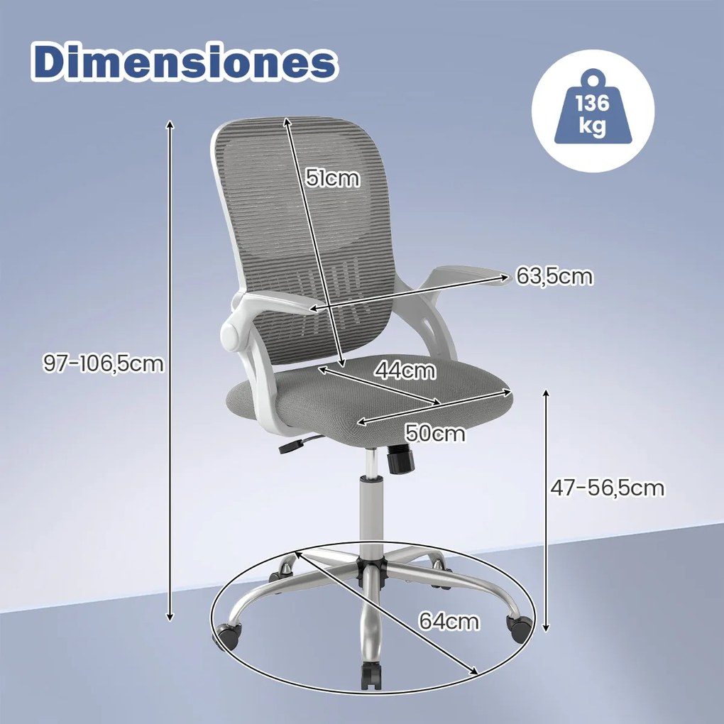 Cadeira de escritório ergonómica com encosto em malha e apoios de braços rebatíveis, ajustável em altura e rodas cinzenta