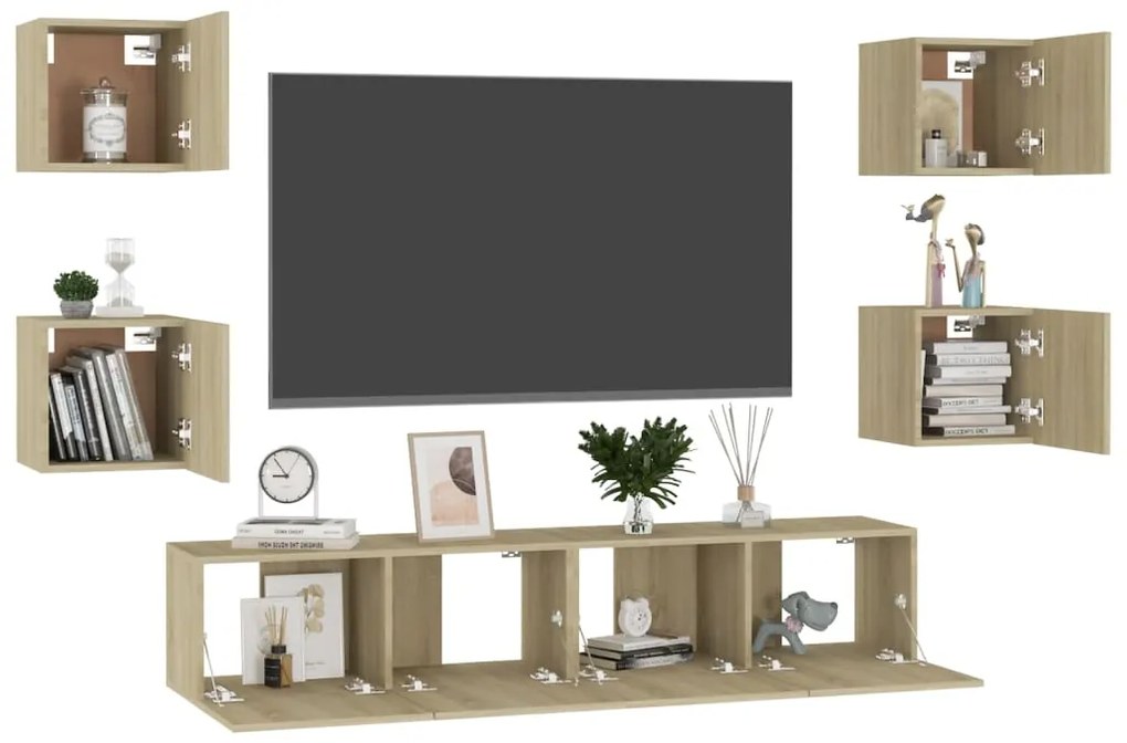 6pcs conjunto de móveis de TV derivados madeira carvalho sonoma