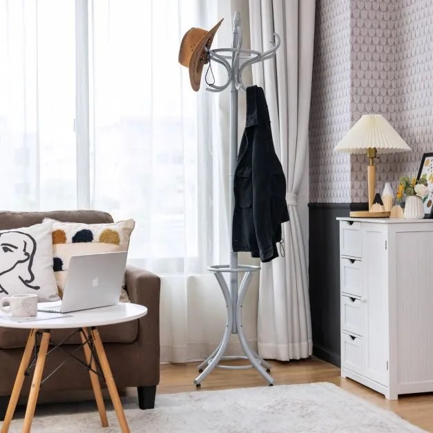 Cabide de madeira de 184 cm com suporte 12 cabides para pendurar roupa e chapéu para o quarto, hall de entrada, cinzento