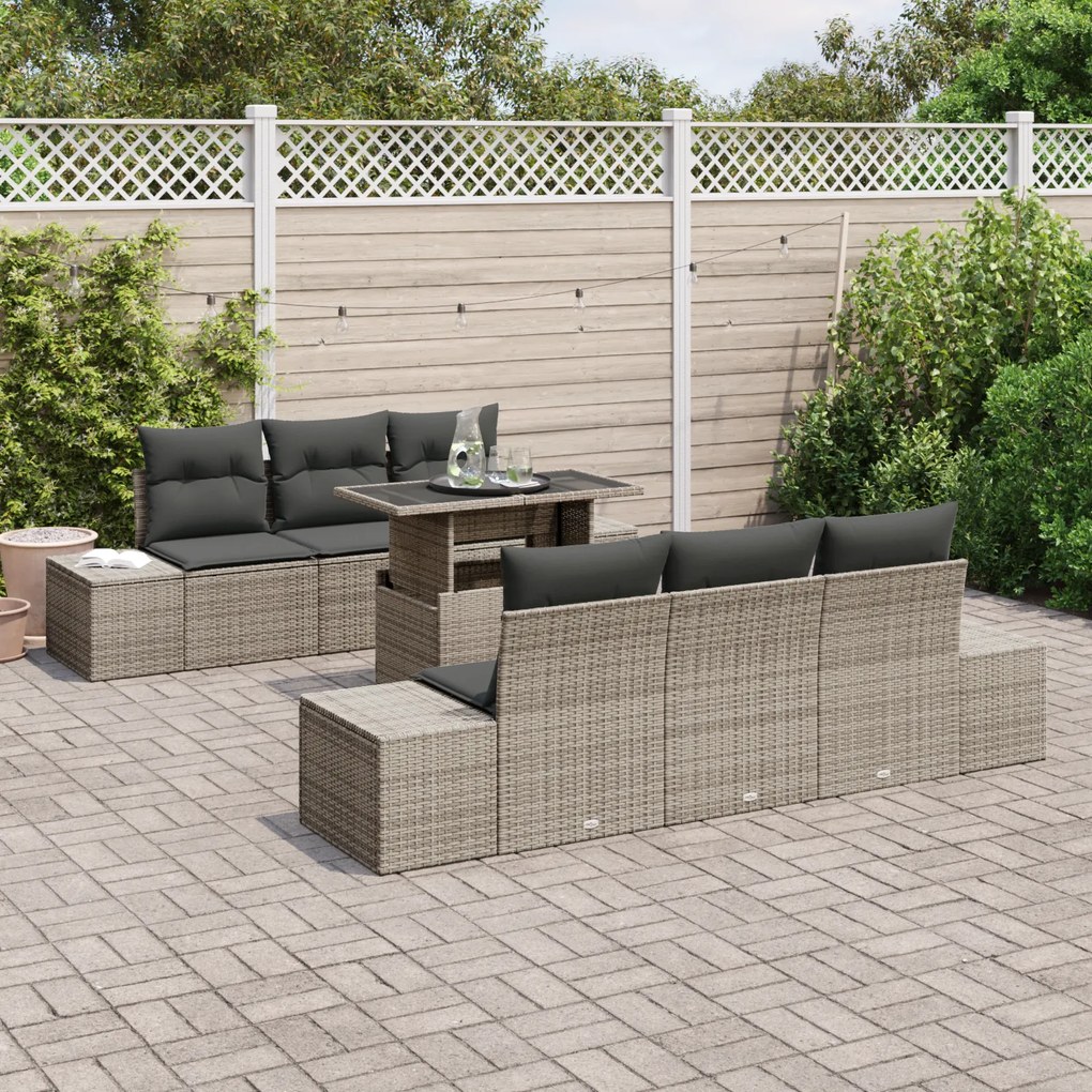 Conjunto de Sofá de Jardim de 7 Peças com Almofadas Cinzento Vime Poli