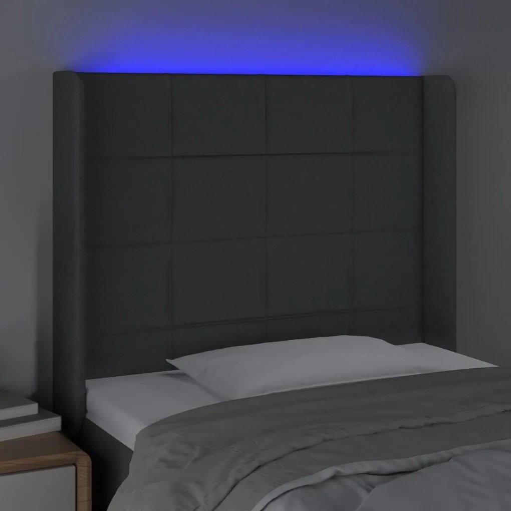 Cabeceira de cama c/ LED tecido 103x16x118/128 cm cinza-escuro