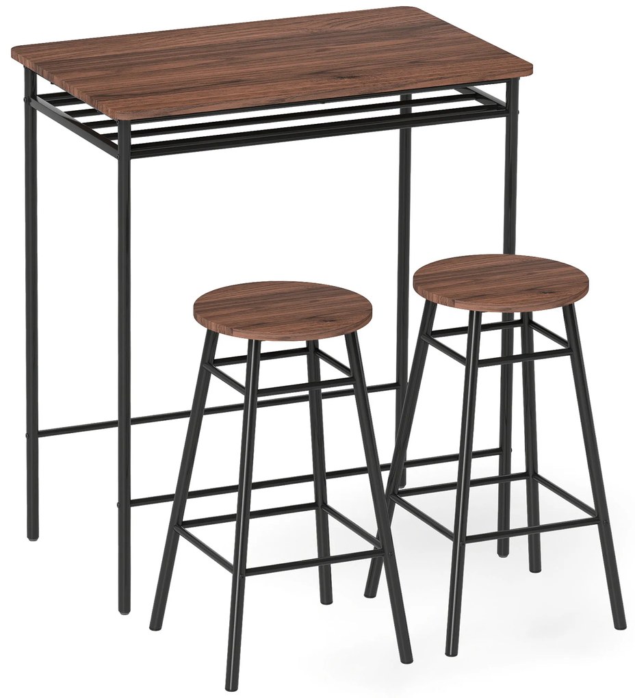 Mesa Alta de Cozinha com 2 Bancos EstiIo Industrial Prateleira Aberta Apoio para Pés para Espaços Reduzidos Castanho