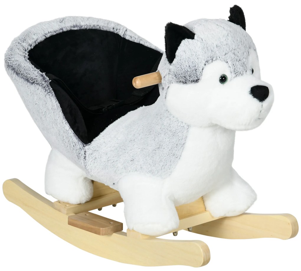 Baloiço com Forma de Cão Husky para Crianças com Sons Cinto de Segurança e Apoio para os Pés 60x33x50 cm Branco e Cinza