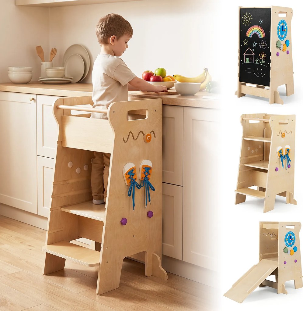 Torre de Aprendizagem Infantil Montessori 4 em 1, 57 x 52 x 90 cm, Altura Ajustável, Natural