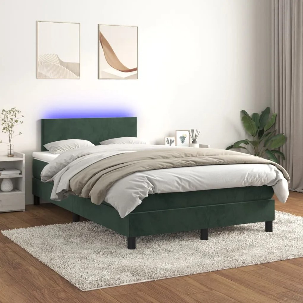 Cama box spring c/ colchão/LED 120x200 cm veludo verde-escuro