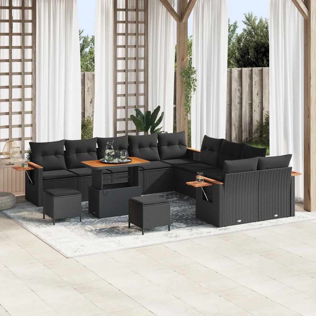 Conjunto de Sofá de Jardim vidaXL 13 Peças com Almofadas Preto Rattan Sintético Acácia