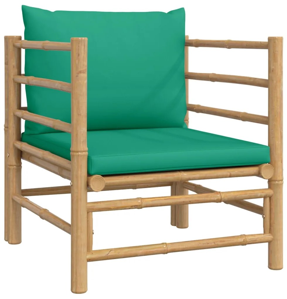 7 pcs conjunto lounge de jardim bambu c/ almofadões verdes