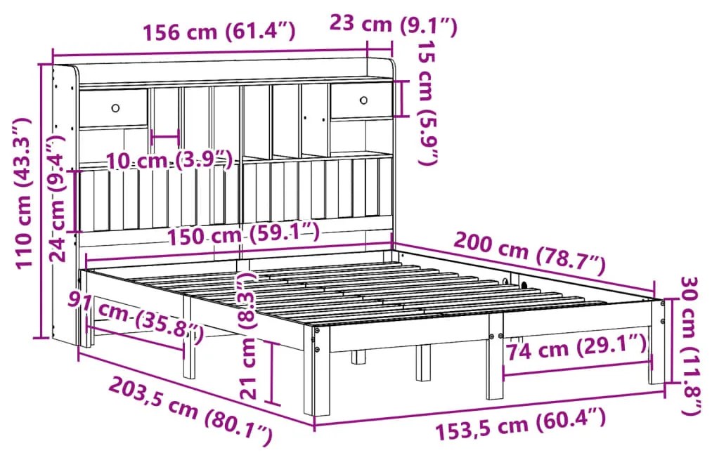 Cama com estante sem colchão 150x200 cm pinho maciço branco