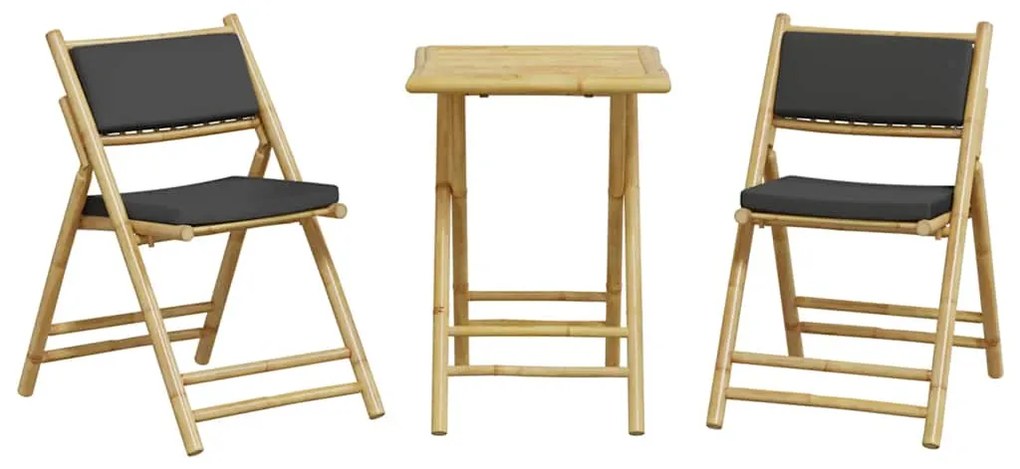 3 pcs conjunto bistrô dobrável c/ almofadões cinza escuro bambu
