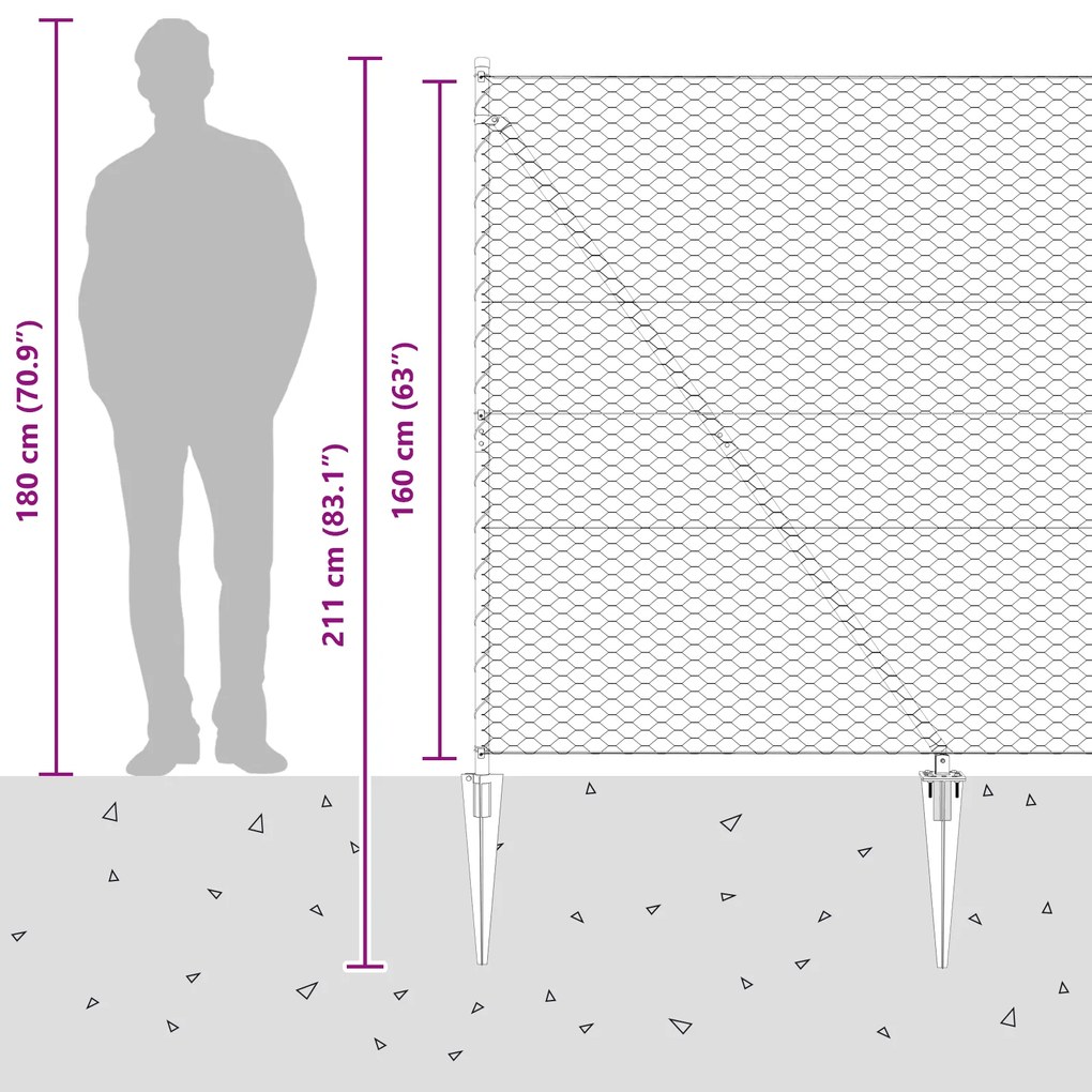 Cerca Hexagonal vidaXL Cinza 1,6x50 m Aço, Pilares de Cerca vidaXL com