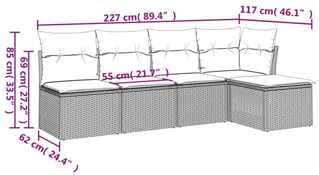 5 pcs conjunto de sofás p/ jardim com almofadões vime PE bege