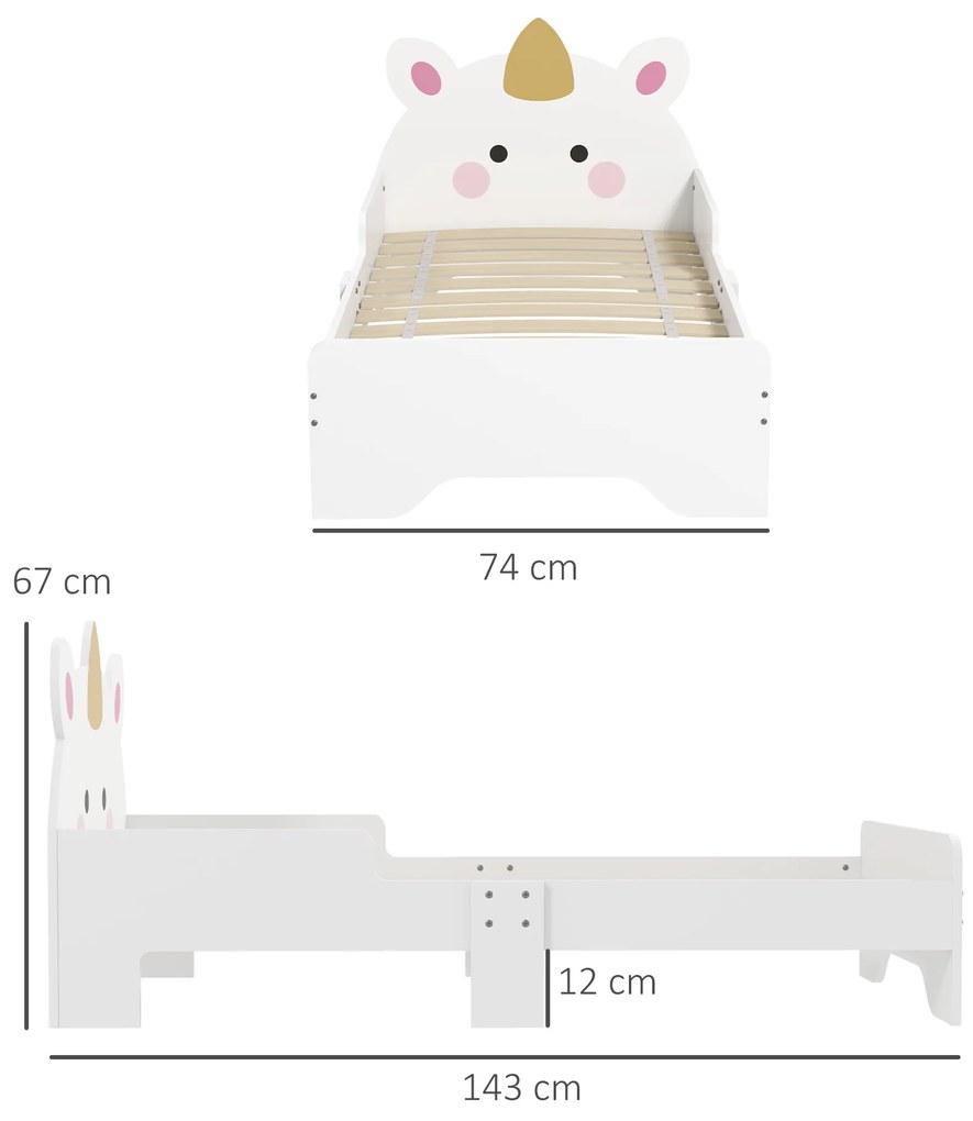 Cama para Crianças de 3-6 Anos 143x74x67 cm Cama Infantil de Madeira em Forma de Unicornio Branco