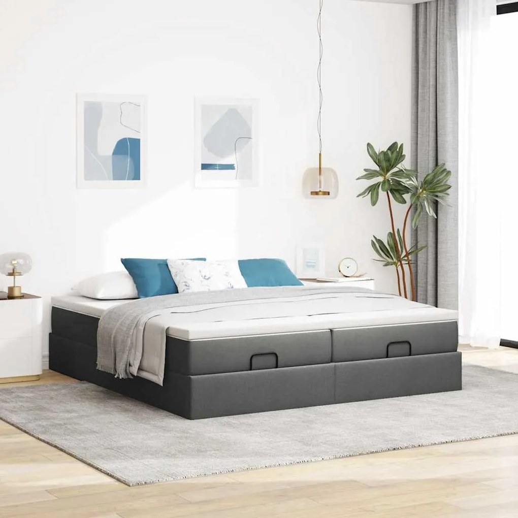 Estrutura de cama otomana com colchões tecido cinzento escuro