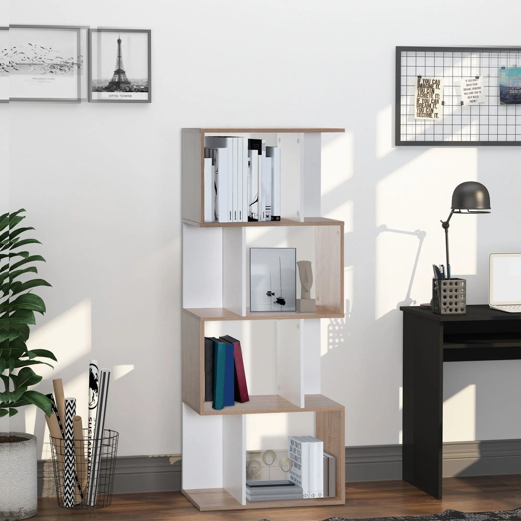 Estante de 4 níveis, móvel de arrumação em forma de S com prateleiras, estante para sala de estar, quarto ou escritório, 60 x 24 x 148 cm, madeira nat