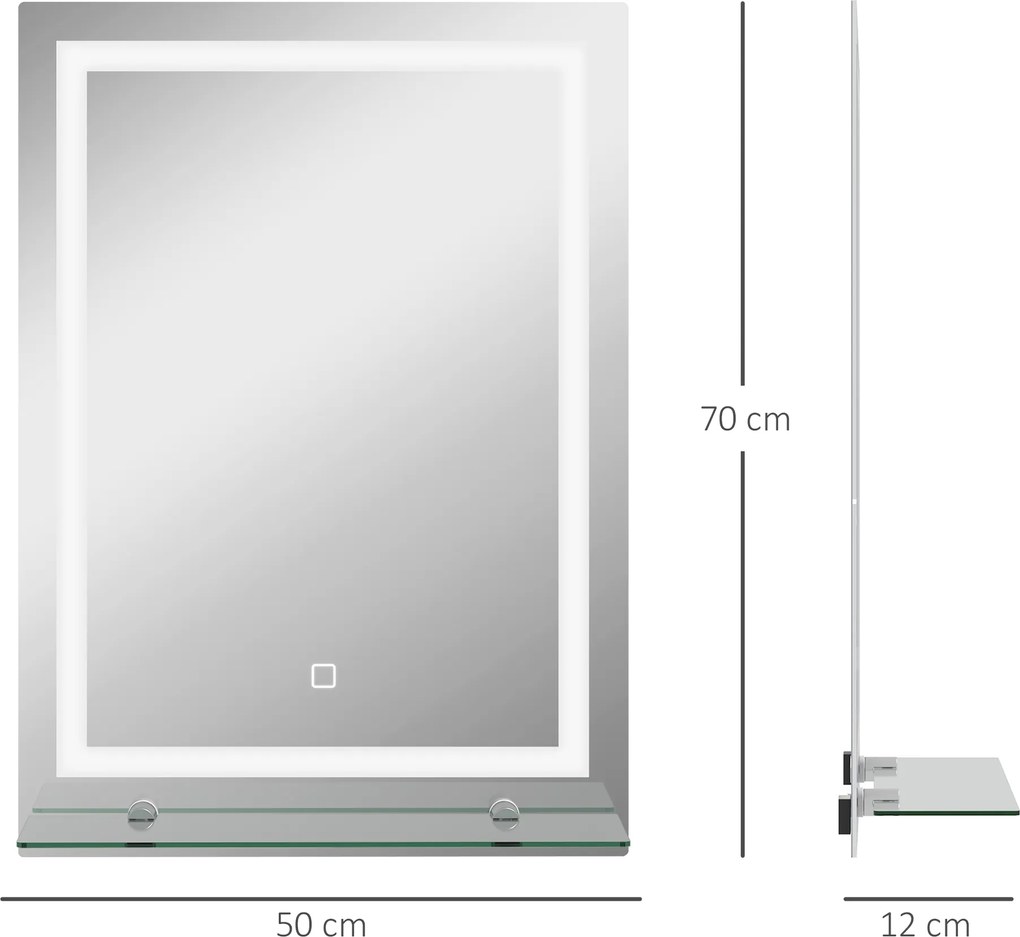 Espelho de parede LED para casa de banho 50 x 70 cm com prateleira integrada, 3 cores, luminosidade ajustável e interruptor tátil prateado