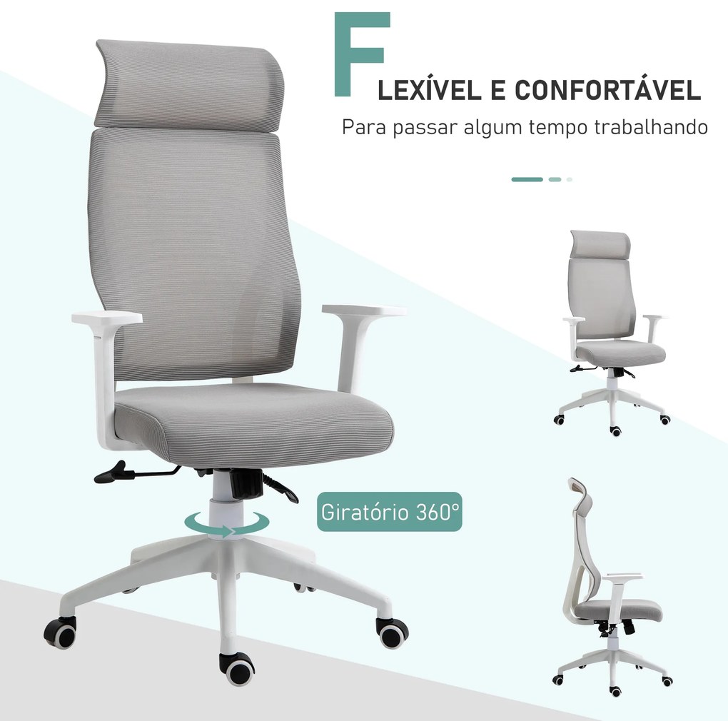 Cadeira ergonômica giratória altura ajustável e reclinável até 120º posição de bloqueio 64x61x120,9-128,9 cm Cinza