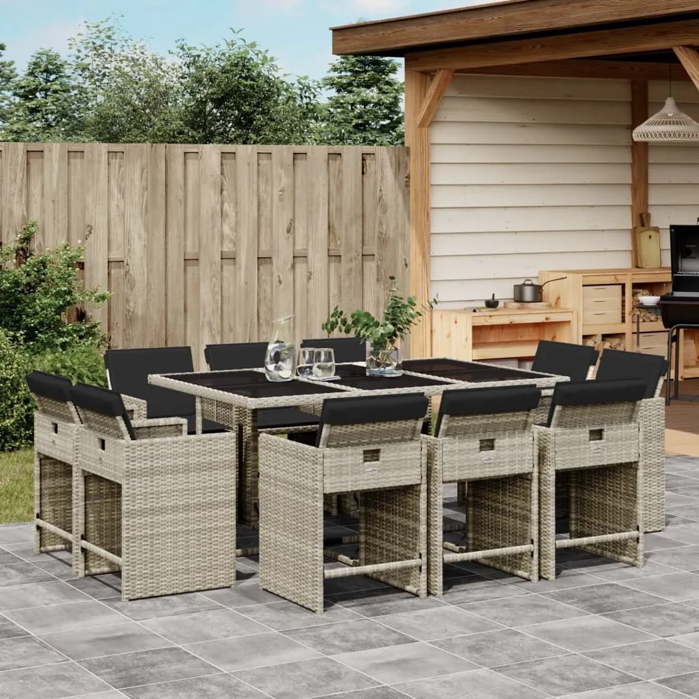 vidaXL 11 pcs conjunto jantar p/ jardim c/ almofadões vime PE cinzento