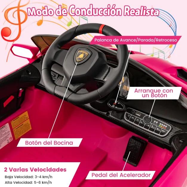 Carro elétrico Lamborghini 12V para crianças de 3 a 8 anos com controle remoto, 3 velocidades, luzes LED, rodas e música Rosa