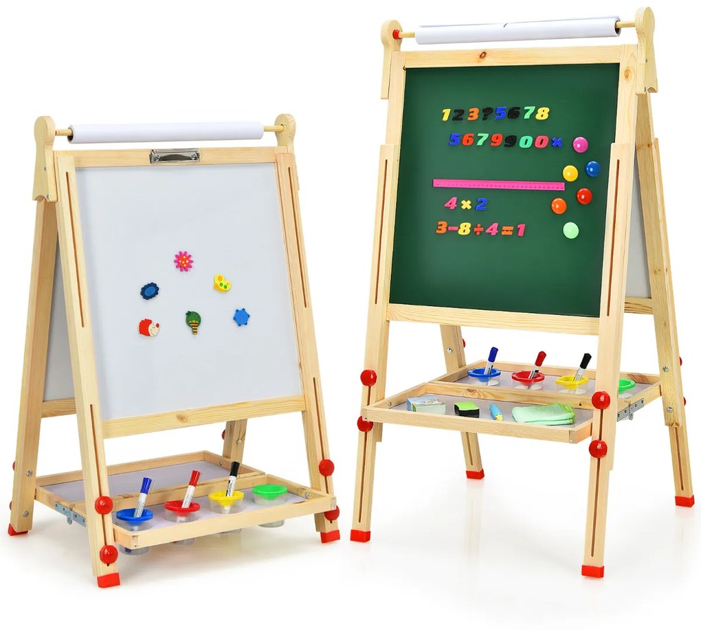 Quadro Infantil 3 em 1 Quadro Dupla Face com Quadro Branco e Quadro Preto Rolo de Papel Ajustável em Altura com Acessórios Completos