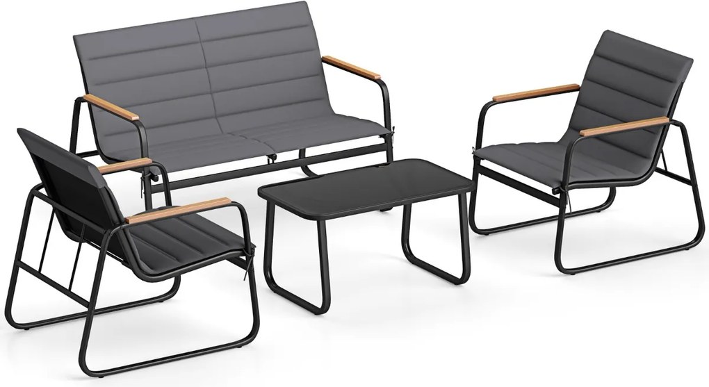 Conjunto de jardim de 4 peças, com almofadas, mesa de vidro temperado e cadeiras de jardim para alpendre, varanda ou jardim com almofadas Cinza
