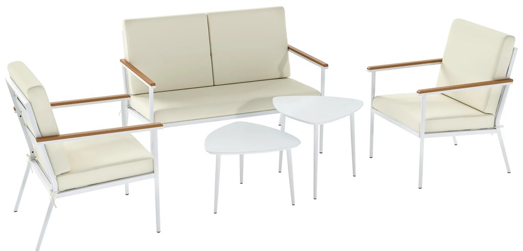 Conjunto de Jardim de 5 Peças com 1 Sofá de 2 Lugares 2 Poltronas e 2 Mesas de Centro com Bancada de Vidro Creme