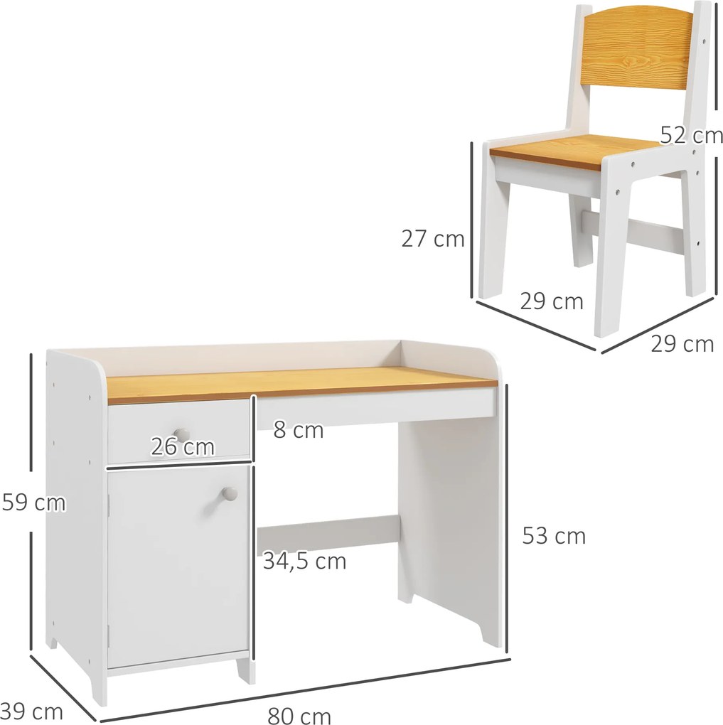 Conjunto de Secretária e Cadeira para Crianças Conjunto Infantil de 2 Peças com Gaveta e Armário para Quarto Branco e Natural