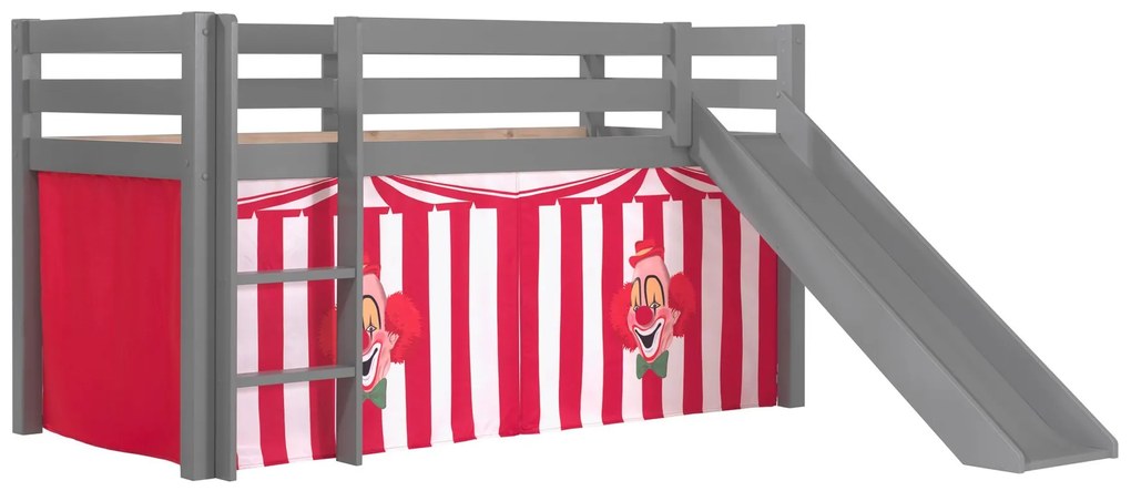 Conjunto Cama alta de Criança PINO 90 x 200 cm + estrado + escada + escorrega + cortina Circo Cinzenta