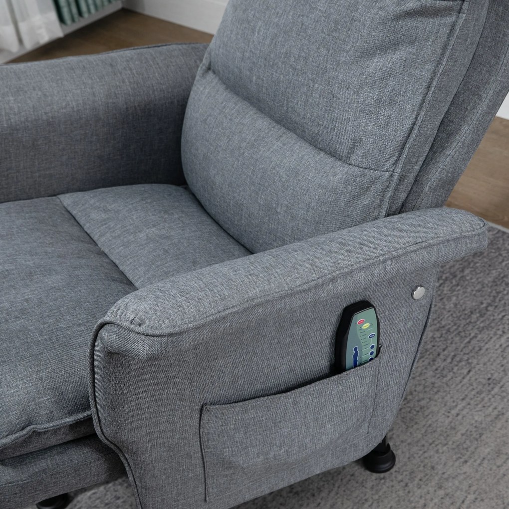 HOMCOM Poltrona Relax com Massagem e Apoio para os Pés Poltrona de Massagem Estofada em Linho com Controlo Remoto e 8 Áreas de Massagem Carga Máxima 120kg 78x81x99cm Cinza