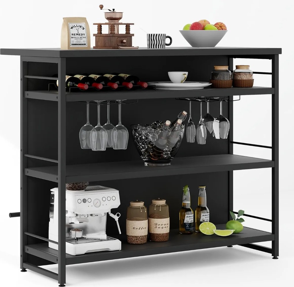 Mesa de bar alta de cozinha 4 níveis com 3 Estantes Prateleiras para vinhos Ilha de cozinha 120 x 60 x 101 cm Preto