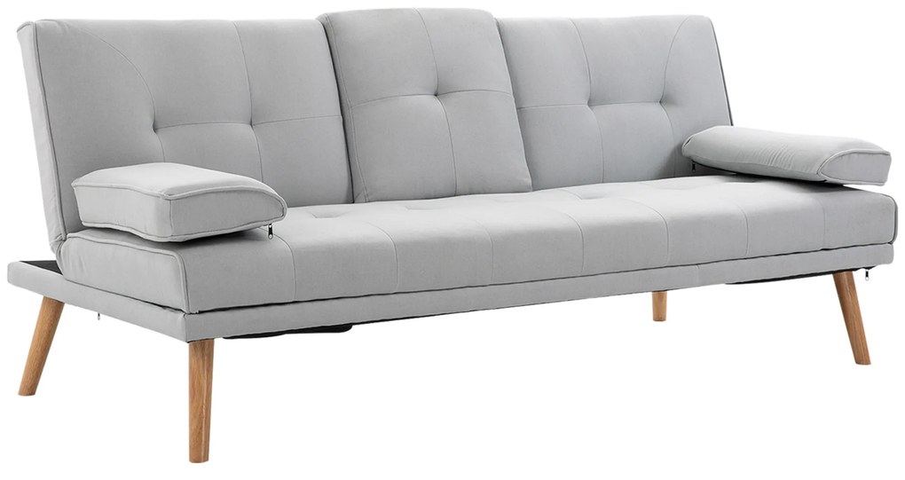 Sofá Cama 3 Lugares com Encosto Ajustável Apoio para os Braços Desmontável e 2 Suportes para Copos 181x77x78 cm Cinza Claro
