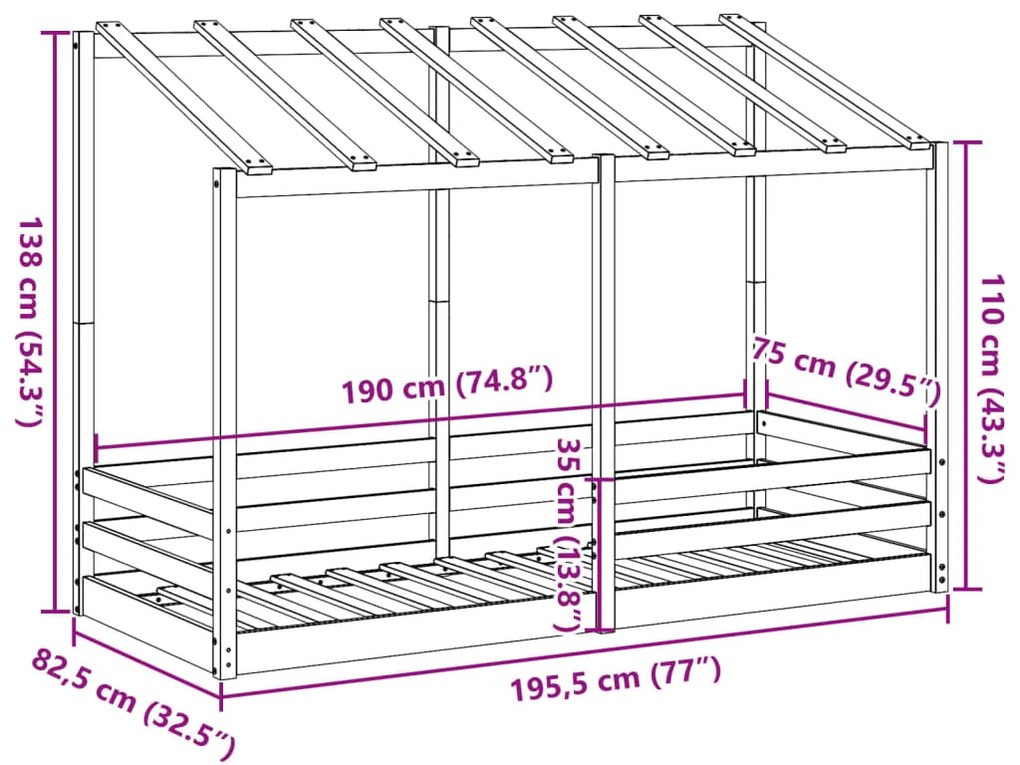 Cama infantil com telhado 75x190 cm madeira de pinho maciça